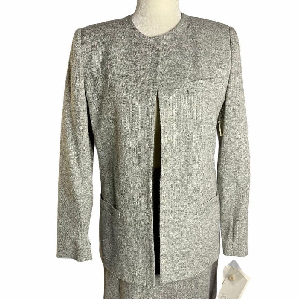 Vintage Linen Blazer Skirt Suit Set Size S Grey